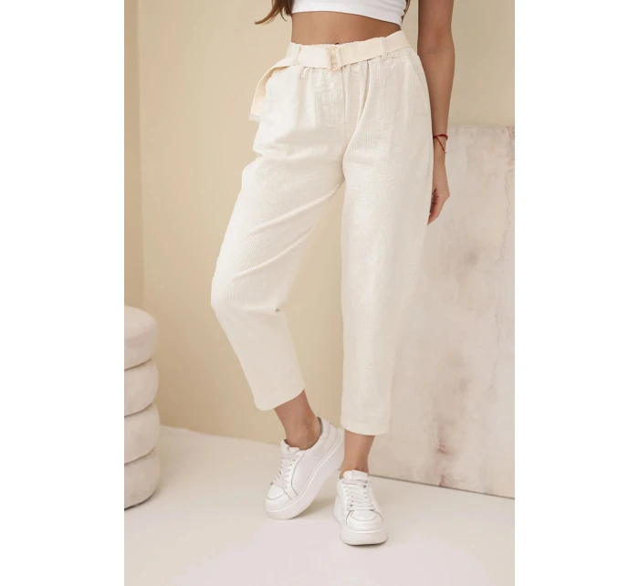 Dámske šnúrové nohavice s opaskom svetlo béžové