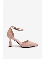 Lodičky na podpatku s lesklým páskem model 22126207 Béžové - VINCEZA