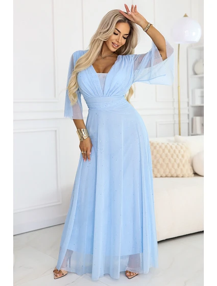 Dlhé trblietavé plus size šaty 654-3 modré - Numoco