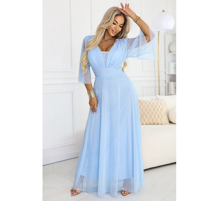 Dlhé trblietavé plus size šaty 654-3 modré - Numoco