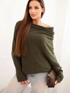 Dámsky asymetrický netopierí sveter z viskózy v khaki farbe