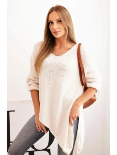 Dámský asymetrický svetr z vlny Plus Size s V výstřihem světlá béžová