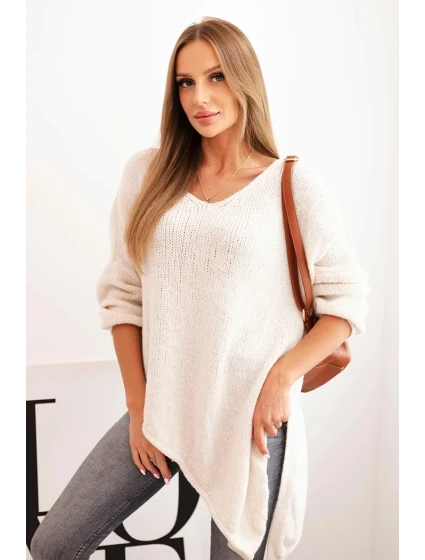 Dámský asymetrický svetr z vlny Plus Size s V výstřihem světlá béžová Dámský asymetrický svetr z vlny Plus Size s V výstřihem světlá béžová