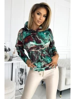 Dámska mikina s tyrkysovo-hnedým mramorovým vzorom as kapucňou 390-2