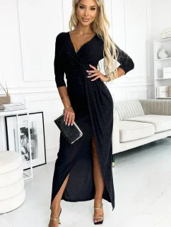 404-6 Dlhé trblietavé šaty s výstrihom a rozparkom na nohách - ČIERNE s trblietkami