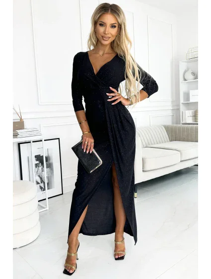 404-6 Dlhé trblietavé šaty s výstrihom a rozparkom na nohách - ČIERNE s trblietkami