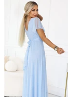 dlouhé třpytivé šaty s výstřihem a krátkými rukávy modré model 22017314 - numoco basic