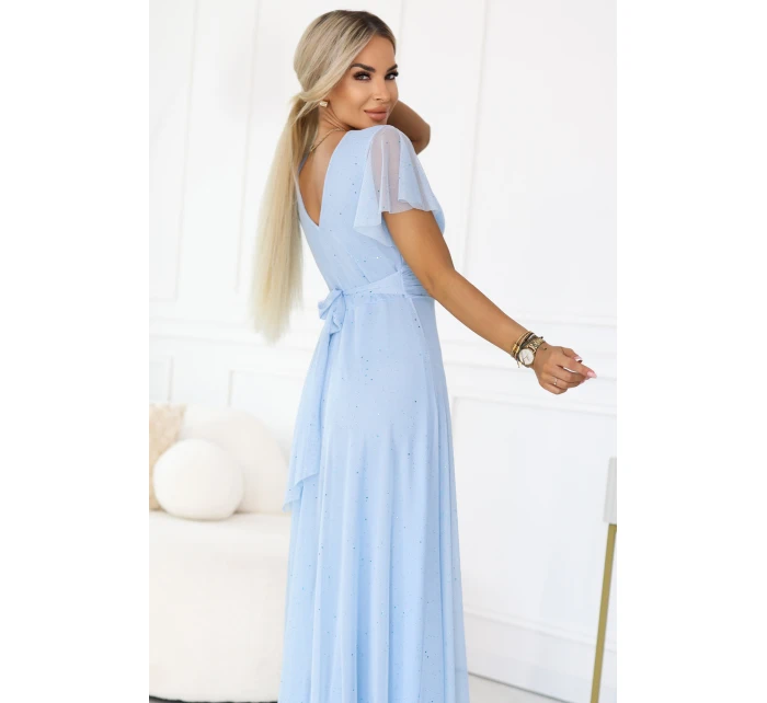 dlouhé třpytivé šaty s výstřihem a krátkými rukávy modré model 22017314 - numoco basic