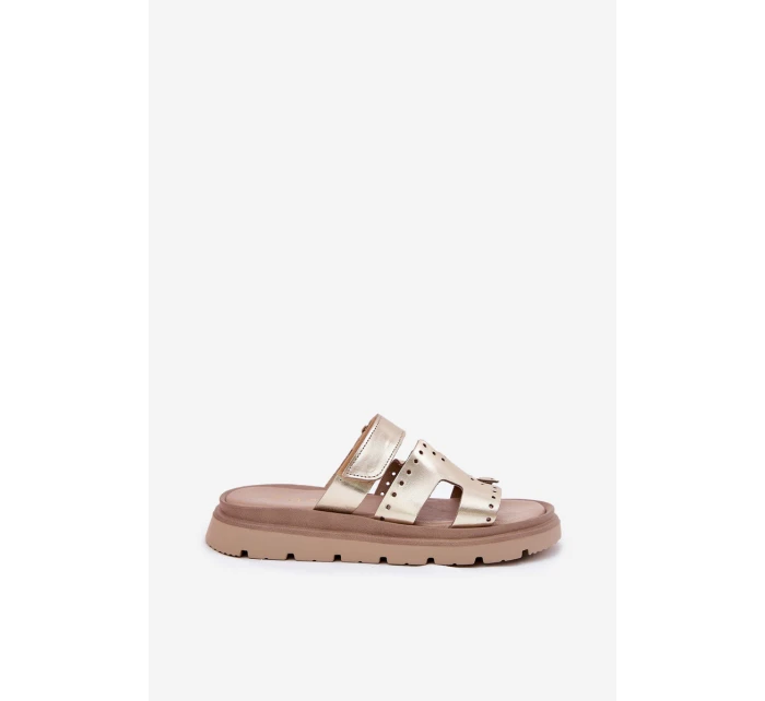 Klapki Damskie Z Naturalnej Skóry Na Platformie Zazoo 40440 Złote