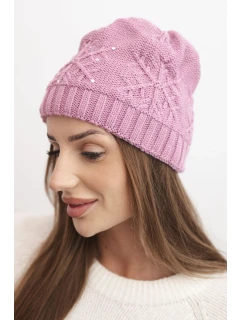 Dámska zimná čiapka z vlny a ozdobného úpletu s perlami K470 tmavoružová