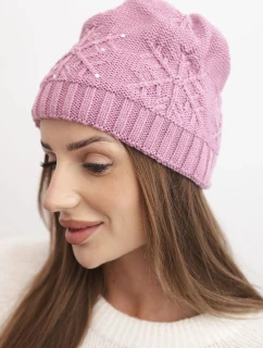 Dámska zimná čiapka z vlny a ozdobného úpletu s perlami K470 tmavoružová