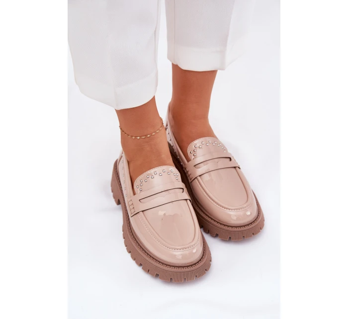 Mokasyny Damskie Lakierowane Ze Zdobieniem Beżowe Nallae