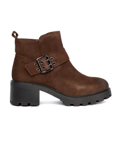 Designové  kotníčkové boty dámské hnědé na širokém podpatku