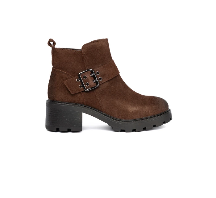 Designové  kotníčkové boty dámské hnědé na širokém podpatku