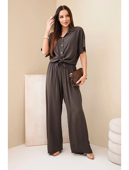 Dámský viskózový model 22185775 komplet se širokými kalhotami hnědý - K-Fashion Dámský viskózový model 22185775 komplet se širokými kalhotami hnědý - K-Fashion