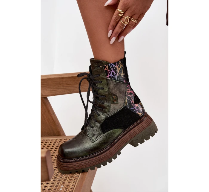 Skórzane Botki  Damskie Na Platformie Maciejka 07104-09 Ciemnozielone