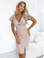 479-16 NINA – elegantné šaty s výstrihom do V, rukávmi a opaskom – tmavo béžové s brokátom
