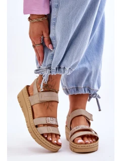 Damskie Skórzane Sandałki Na Rzep Beżowe Fresh Look