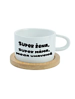 SUPER ŽENA, SUPER MAMA, MEGA TIRED - biely hrnček s makrónkou 200 ml
