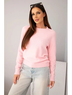 Dámský svetr z baby alpaky s dlouhým rukávem a kulatým výstřihem růžový model 22294780 - K-Fashion