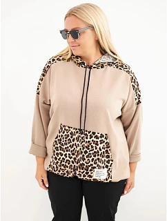 Dámska mikina Plus Size z viskózy s kapucňou a leopardovými vsadkami v kamelovej farbe