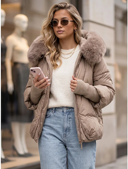 Dámská zimní prošívaná bunda s kožešinou, béžová, FashionStreet TY5994