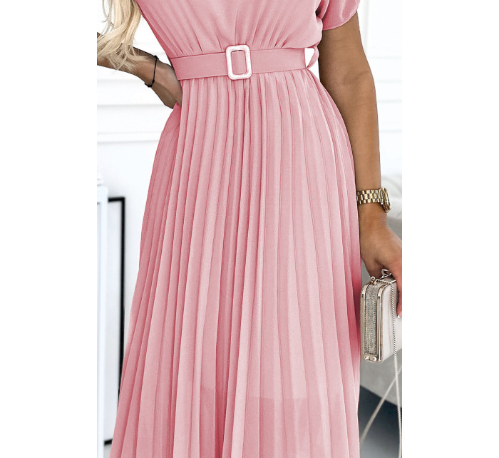 MIA - Dámske plisované midi šaty v špinavo ružovej farbe so širokým opaskom 465-3