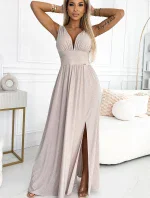 490-2 SUSAN Dlhé brokátové šaty s výstrihom a prešívaním v páse - BEACH