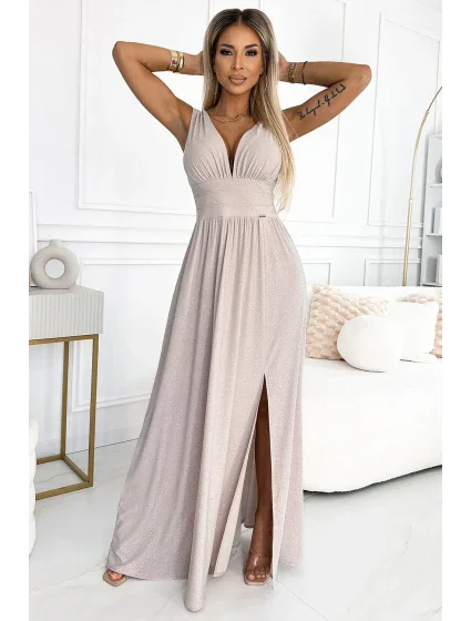 Béžové dámské dlouhé šaty s výstřihem a v pase model 19656009 - numoco Béžové dámské dlouhé šaty s výstřihem a v pase model 19656009 - numoco