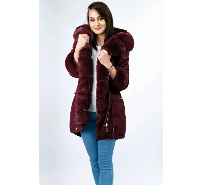 Bavlnená bunda typu parka vo vínovej farbe s kožušinou (xw805x)