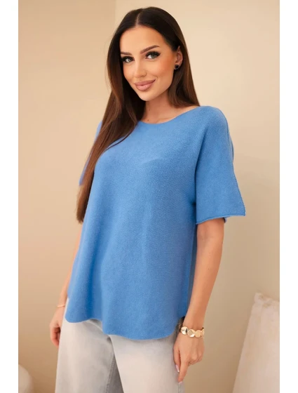 Dámsky sveter s krátkym rukávom voľného strihu modrý Dámsky sveter s krátkym rukávom voľného strihu modrý