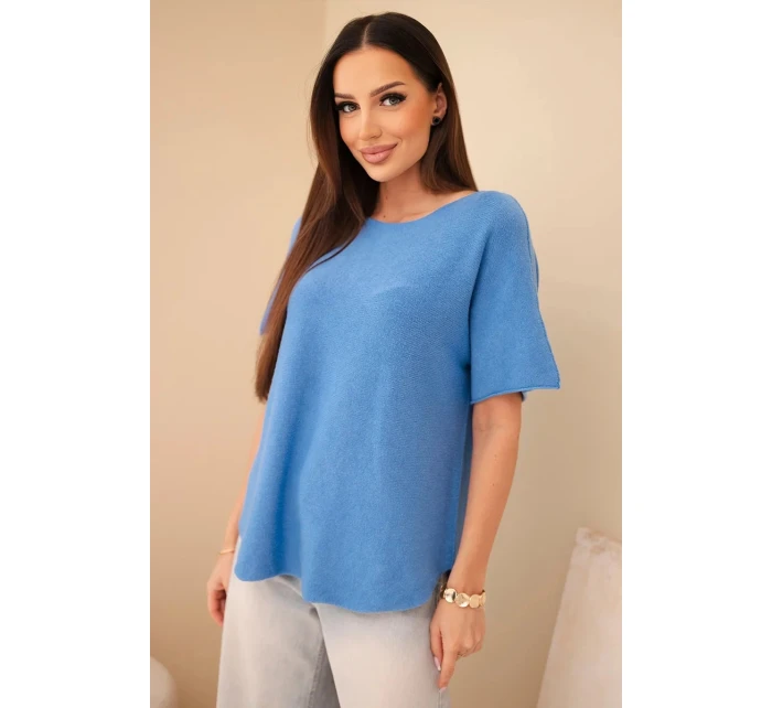 Dámsky sveter s krátkym rukávom voľného strihu modrý Dámsky sveter s krátkym rukávom voľného strihu modrý
