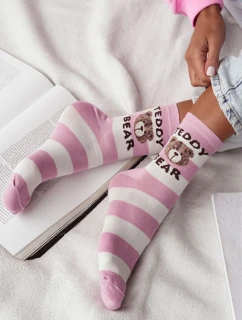 Skarpetki Damskie W Paski Teddy Bear Różowo-Białe