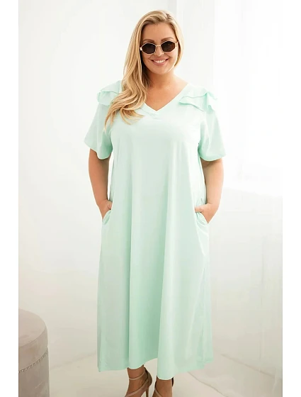 Dámske plus size bavlnené šaty s volánom na ramenách mätová Dámske plus size bavlnené šaty s volánom na ramenách mätová