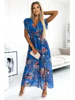 Světle modré dlouhé květované dámské šaty s výstřihem a krátkými rukávy model 22077526 - numoco basic