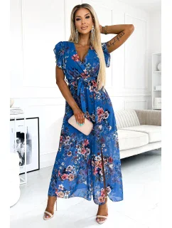 Světle modré dlouhé květované dámské šaty s výstřihem a krátkými rukávy model 22077526 - numoco basic