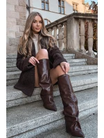 Zateplené dámské kozačky s obráceným lemem na podpatku čokoládové Elivira