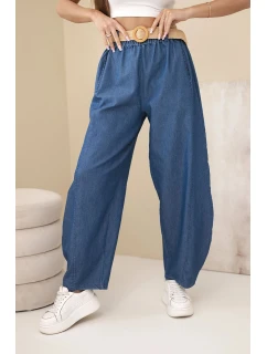 Dámské kalhoty se širokou nohavicí a páskem tmavě džínové