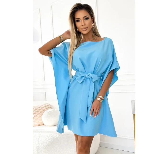 287-26 SOFIA Motýlie šaty so zaväzovaním v páse - MODRÉ