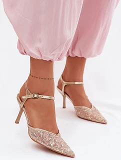 Pánské síťované dámské sandály na jehlovém podpatku se třpytivým zdobením Zlato Laria