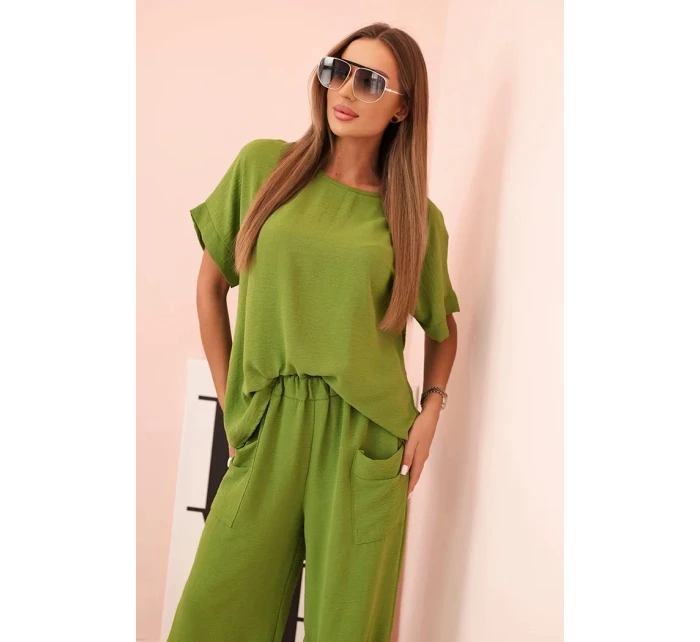 Komplet z viskózy blůza + kalhoty olivová