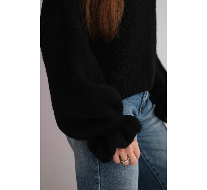 Dámsky mohérový sveter s hrubým úpletom a ozdobnými rukávmi čierny Dámsky mohérový sveter s hrubým úpletom a ozdobnými rukávmi čierny