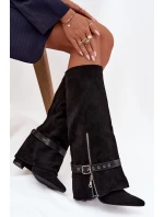 Kozaki Damskie Wsuwane Na Słupku Z Ozdobnym Paskiem Czarne Jolivine Kozaki Damskie Wsuwane Na Słupku Z Ozdobnym Paskiem Czarne Jolivine