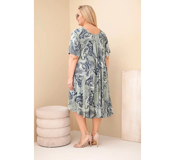 Dámske šaty z viskózy v nadmernej veľkosti s krátkymi rukávmi a stojačikovým strihom v khaki farbe