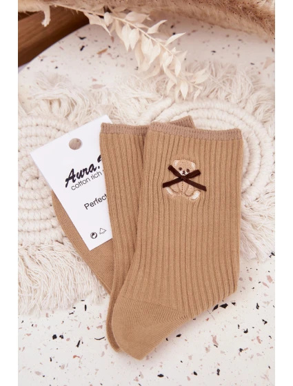 Bavlněné ponožky pruhované s medvídkem světle hnědé