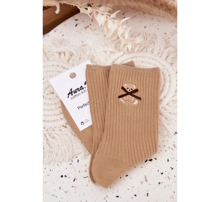 Bavlněné ponožky pruhované s medvídkem světle hnědé