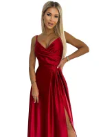 CHIARA Elegantní červené dlouhé dámské saténové maxi šaty na ramínkách model 18947471 - numoco