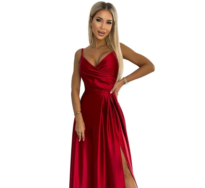 CHIARA Elegantní červené dlouhé dámské saténové maxi šaty na ramínkách model 18947471 - numoco