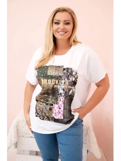 Dámska bavlnená blúzka v nadmernej veľkosti s farebnou potlačou biela + khaki