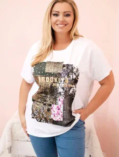 Dámska bavlnená blúzka v nadmernej veľkosti s farebnou potlačou biela + khaki